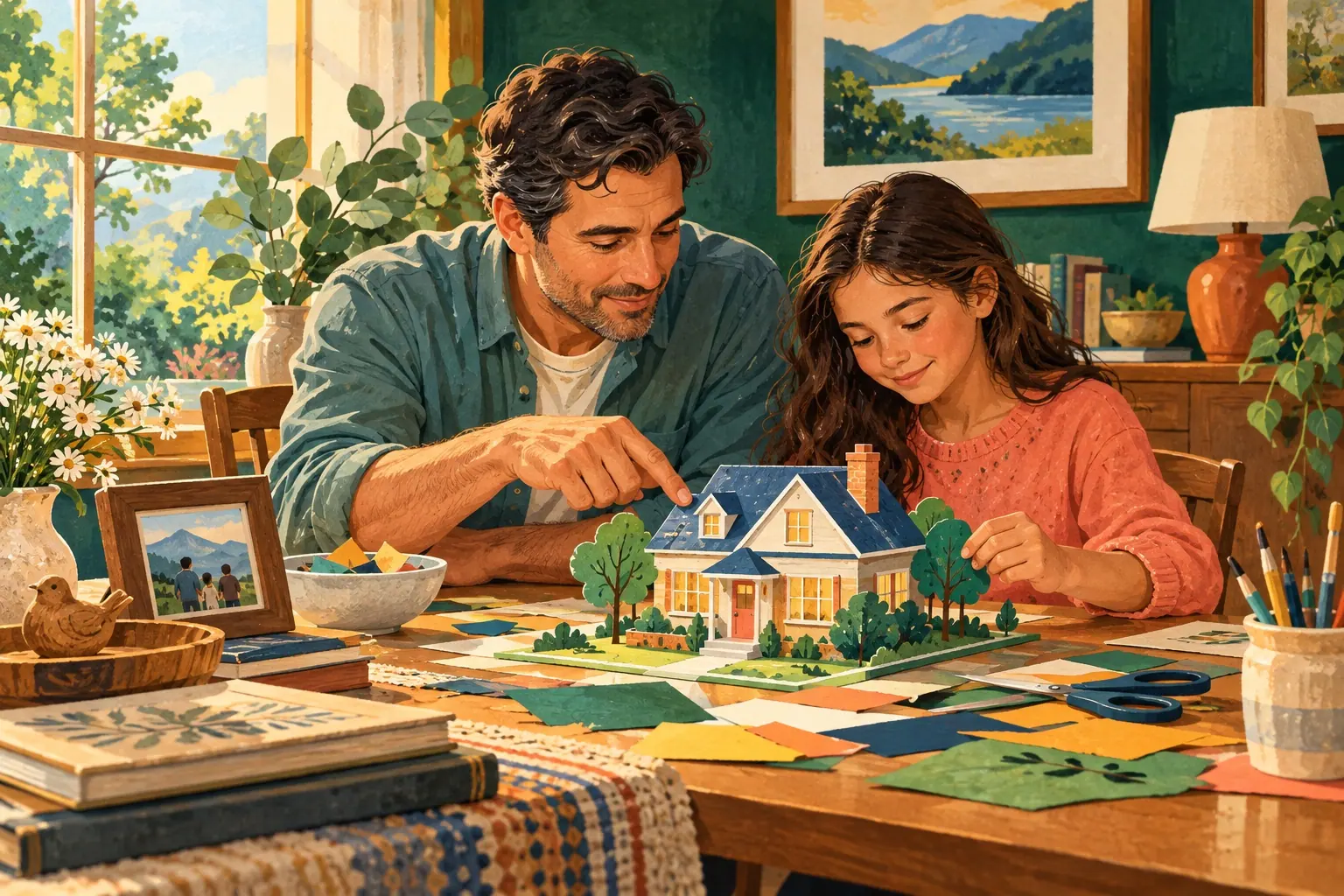 Illustration of a parent and daughter thoughtfully building a paper model of their home together.