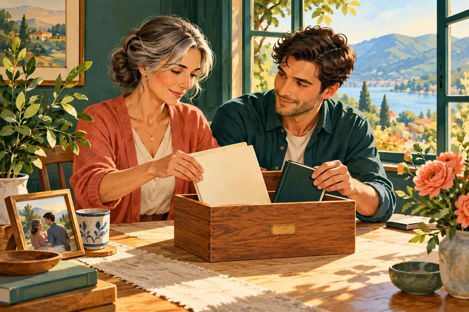 Illustration of a woman and her adult son placing planning records into a wooden keepsake box.