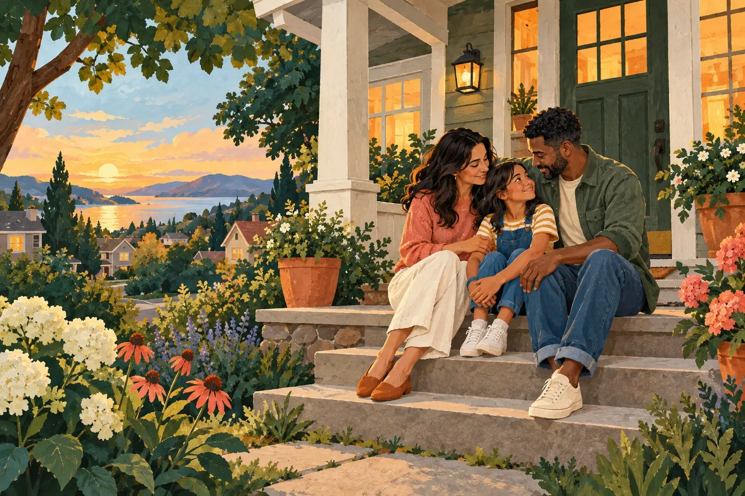 Colorful illustration of parents and their child together on the front steps of a home.
